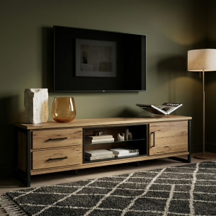 Comoda Tv Reno Smoked Oak, Furnir Din Lemn Masiv, 200 Cm