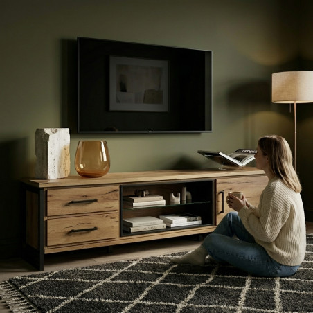 Comoda Tv Reno Smoked Oak, Furnir Din Lemn Masiv, 200 Cm-01