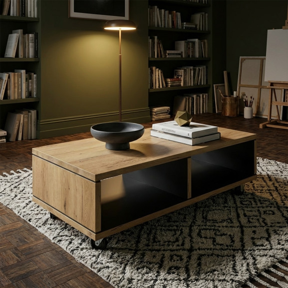 Masa Cafea Reno Cu 2 Nise, Smoked Oak, Furnir Din Lemn Masiv, 120 Cm