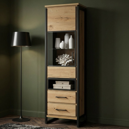 Vitrina Stanga Reno Cu 1 Usa Si 2 Sertare, Smoked Oak, 60 Cm-01