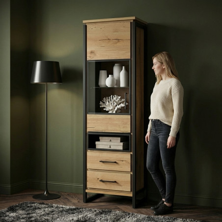 Vitrina Stanga Reno Cu 1 Usa Si 2 Sertare, Smoked Oak, 60 Cm-01