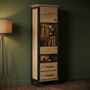 Vitrina Dreapta Reno Cu 1 Usa Si 2 Sertare, Smoked Oak, Furnir Din Lemn Masiv, 60 Cm