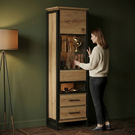 Vitrina Dreapta Reno Cu 1 Usa Si 2 Sertare, Smoked Oak, Furnir Din Lemn Masiv, 60 Cm-01