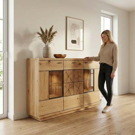 Comoda Bar Dakota Lungime 151.6 cm, Furnir Stejar Salbatic, Living, Decor Usi din Trunchi Natural, Inchidere Silentioasa-01