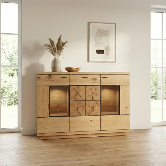 Comoda Bar Dakota Lungime 151.6 cm, Furnir Stejar Salbatic, Living, Decor Usi din Trunchi Natural, Inchidere Silentioasa