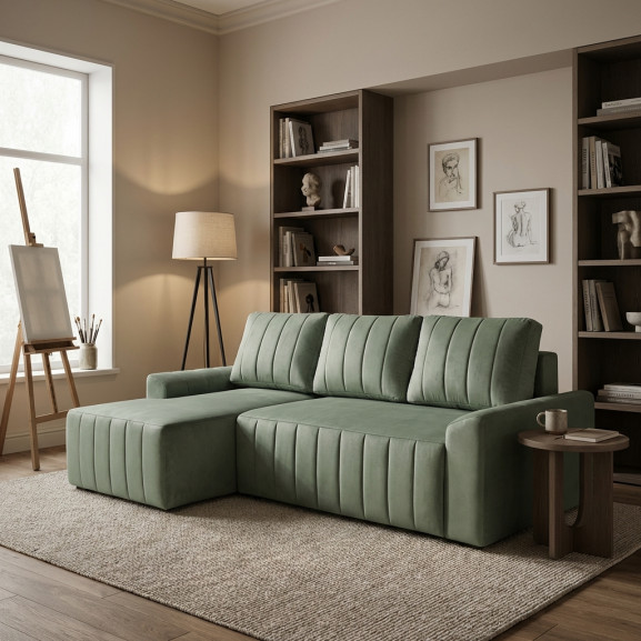 Coltar Extensibil Mark Living, Catifea Verde, 4 Locuri, Lada Depozitare, Extensie Doppelliege, 240 cm