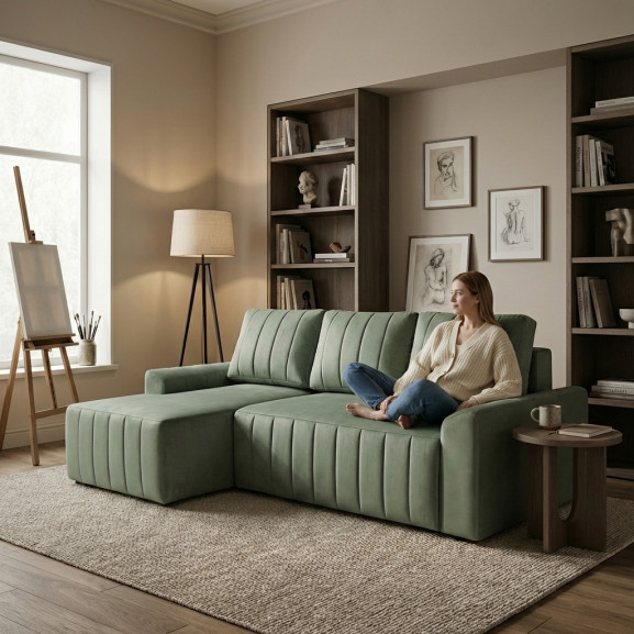 Coltar Extensibil Mark Living, Catifea Verde, 4 Locuri, Lada Depozitare, Extensie Doppelliege, 240 cm