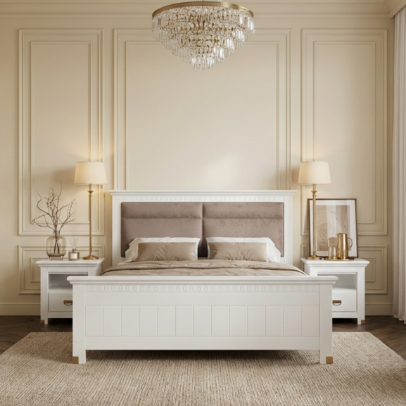 Pat Dormitor Saint Tropez, Dimensiune Saltea 160 x 200 Cm, Tablie Tapitata, Vopsit Alb