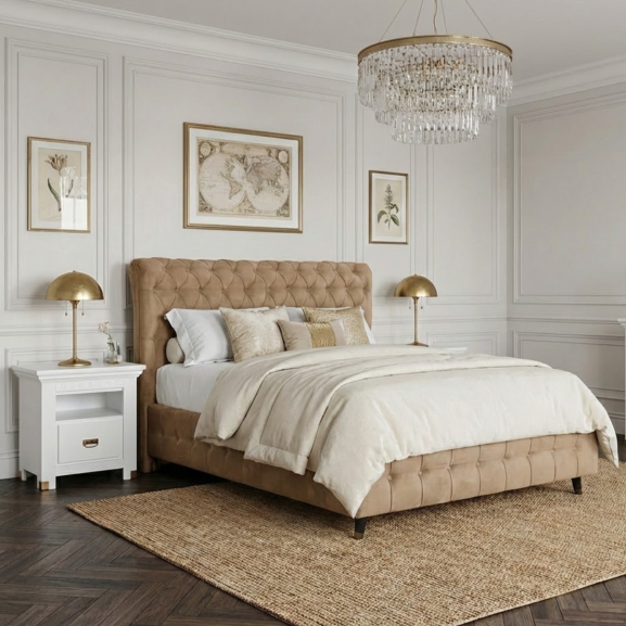 Pat Tapitat Cu Somiera Rabatabila Saint Tropez, Bej inchis, Dimensiune Saltea 180 x 200 Cm