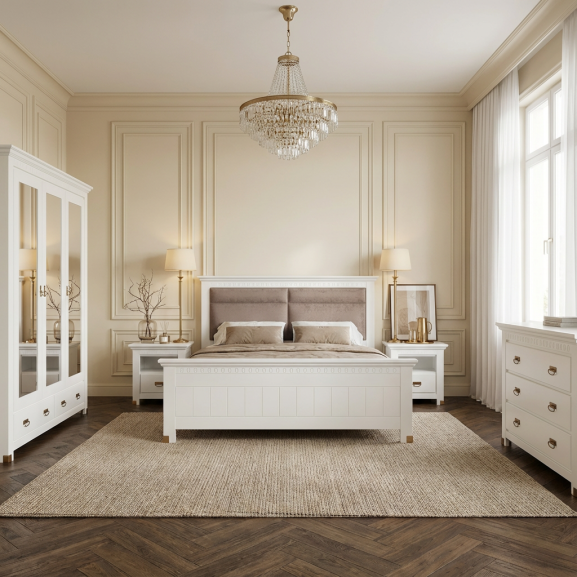 Set Dormitor Saint Tropez, Pat Cu Dimensiune Saltea 180 X 200, Dulap De 207.8 Cm, 2 Noptiere, Vopsit Alb