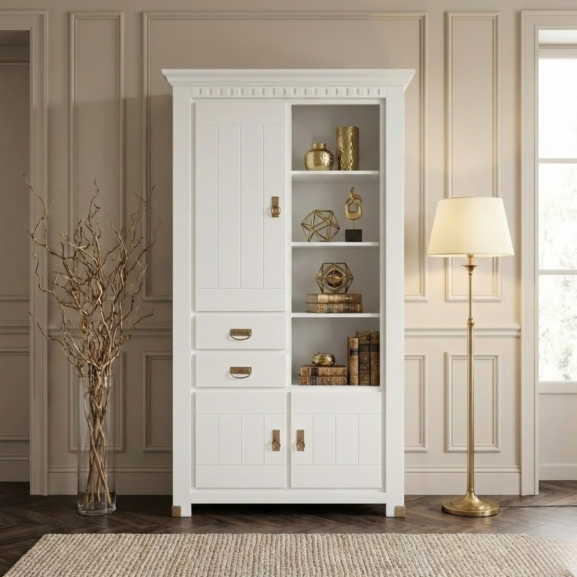 Vitrina Saint Tropez Cu 3 Usi Si 2 Sertare, Vopsit Alb, 111 Cm