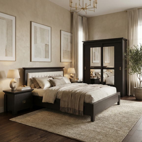 Set Dormitor Saigon Cantori, Pat Cu Dimensiune Saltea 140 X 200, Dulap De 150 Cm, 2 Noptiere