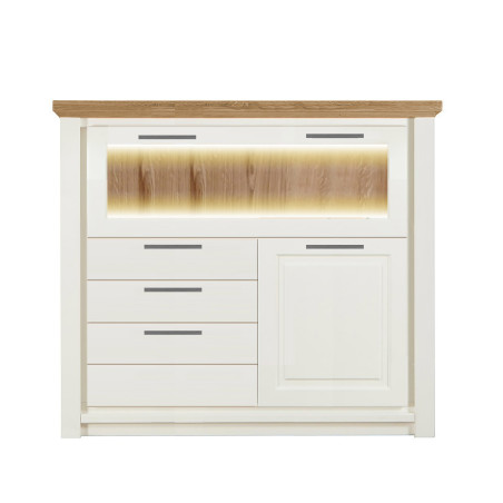 Comoda Bar Cu 2 Usi Si 3 Sertare Thuxon Alb, Vopsit Si Furniruit Stejar, 139.7 Cm-01