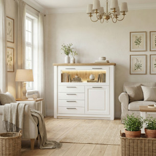 Comoda Bar Cu 2 Usi Si 3 Sertare Thuxon Alb, Vopsit Si Furniruit Stejar, 139.7 Cm