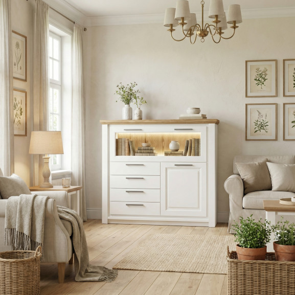 Comoda Bar Cu 2 Usi Si 3 Sertare Thuxon Alb, Vopsit Si Furniruit Stejar, 139.7 Cm