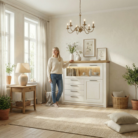 Comoda Bar Cu 2 Usi Si 3 Sertare Thuxon Alb, Vopsit Si Furniruit Stejar, 139.7 Cm-01