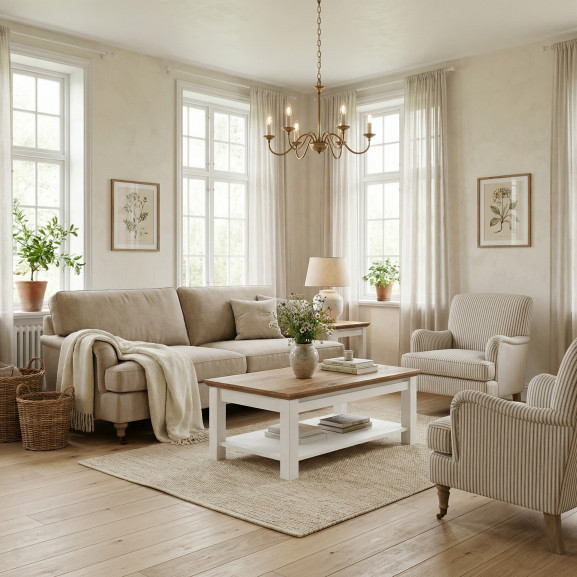 Masă de Cafea Thuxon 115 cm – Alb și Blat din Furnir de Stejar