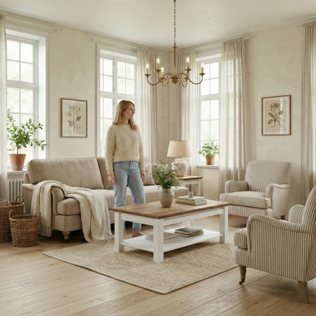 Masă de Cafea Thuxon 115 cm – Alb și Blat din Furnir de Stejar-01