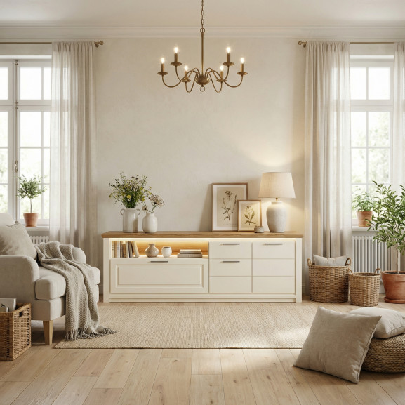 Comoda Tv Cu 3 Usi, 1 Sertar Si 1 Nisa Thuxon Alb, Vopsit Si Furniruit Stejar, 210.4 Cm