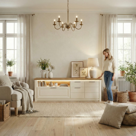 Comoda Tv Cu 3 Usi, 1 Sertar Si 1 Nisa Thuxon Alb, Vopsit Si Furniruit Stejar, 210.4 Cm-01