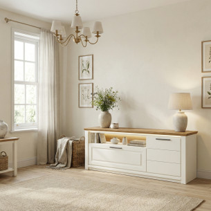 Comoda Tv Cu 3 Usi, 1 Sertar Si 1 Nisa Thuxon Alb, Vopsit Si Furniruit Stejar, 160 Cm