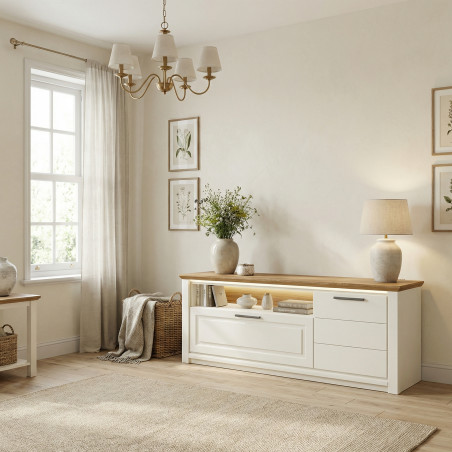Comoda Tv Cu 3 Usi, 1 Sertar Si 1 Nisa Thuxon Alb, Vopsit Si Furniruit Stejar, 160 Cm-01