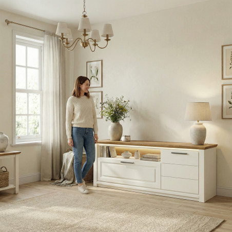Comoda Tv Cu 3 Usi, 1 Sertar Si 1 Nisa Thuxon Alb, Vopsit Si Furniruit Stejar, 160 Cm-01