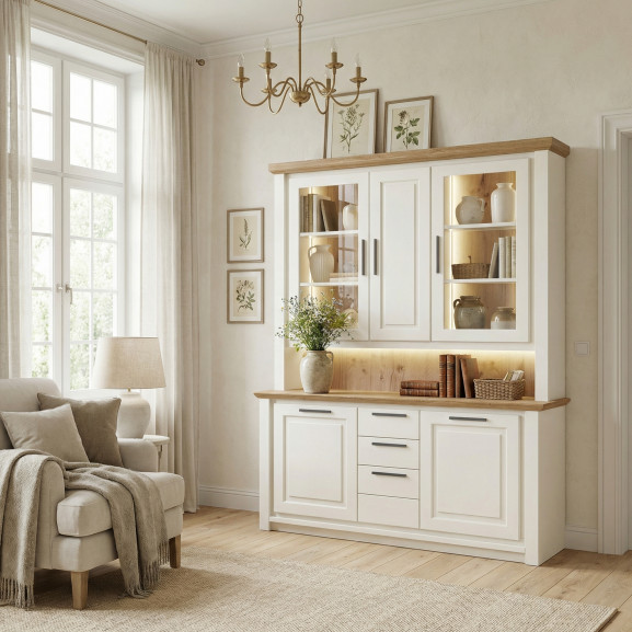 Bufet Cu Vitrina 3 Usi Thuxon Alb, Stejar Furniruit, 160 Cm