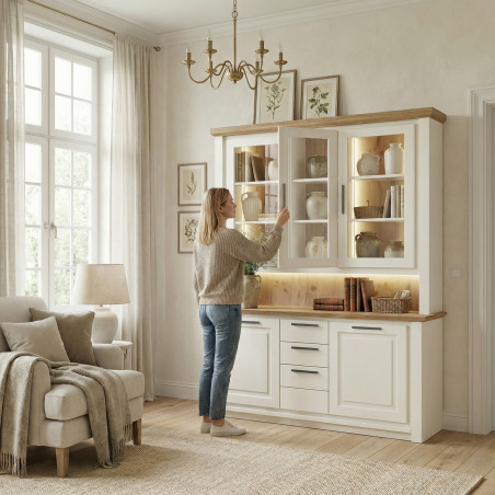 Bufet Cu Vitrina 3 Usi Thuxon Alb, Stejar Furniruit, 160 Cm-01