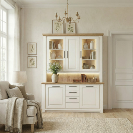 Bufet Cu Vitrina 3 Usi Thuxon Alb, Stejar Furniruit, 160 Cm-01