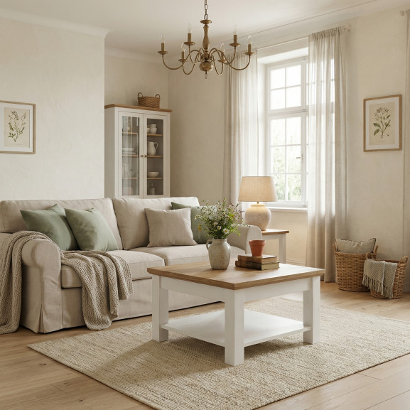 Masă de Cafea Thuxon 70 cm – Vopsit Alb și Blat Cu Furnir de Stejar