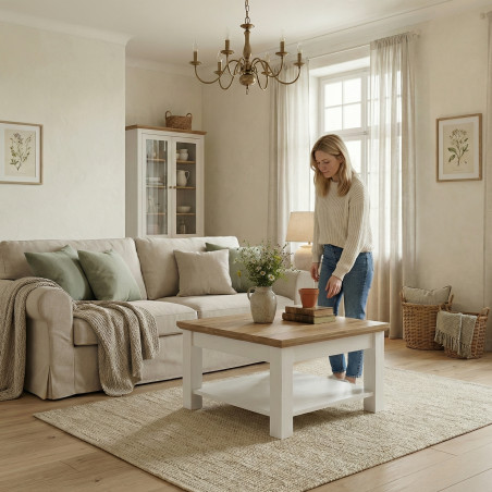 Masă de Cafea Thuxon 70 cm – Vopsit Alb și Blat Cu Furnir de Stejar-01