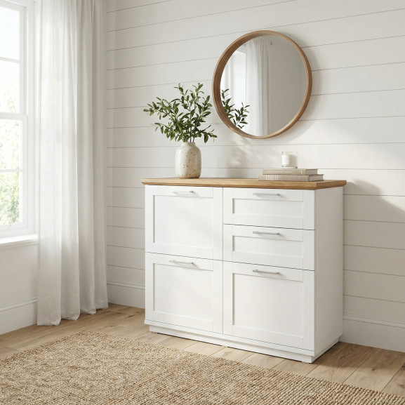 Pantofar 3 Usi Si 2 Sertare Alpina, Vopsit Alb, Furniruit, 111.7 Cm