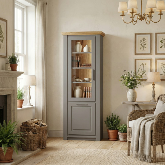 Vitrina Cu 1 Usa Stanga Thuxon Graphit Matt, Vopsit Si Furniruit Stejar, 74.2 Cm