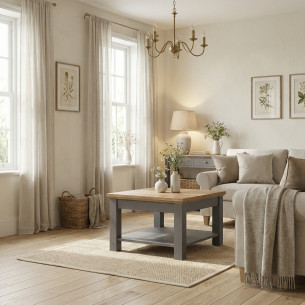 Masă de Cafea Thuxon 70 cm – Gri Grafit Mat și Blat din Furnir de Stejar