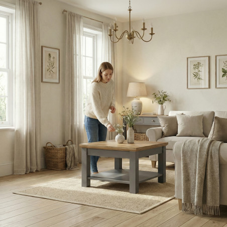 Masă de Cafea Thuxon 70 cm – Gri Grafit Mat și Blat din Furnir de Stejar-01