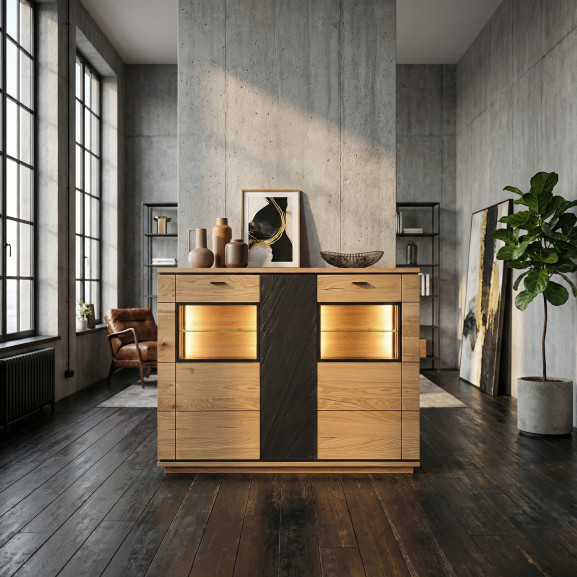 Comoda Bar Cu 3 Usi Zenith, Furniruit Stejar, 148 Cm