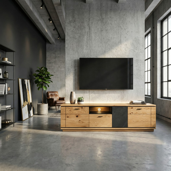 Comoda Tv Cu 2 Usi, 1 Sertar Si 1 Nisa Zenith, Furniruit Stejar, 195.4 Cm