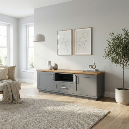 Comoda Tv Cu 2 Usi, 1 Sertar Si 1 Nisa Alpina Graphit Matt, Alb Si Natur, 165 Cm-01