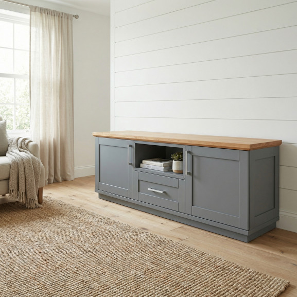 Comoda Tv Cu 2 Usi, 1 Sertar Si 1 Nisa Alpina Graphit Matt, Alb Si Natur, 165 Cm