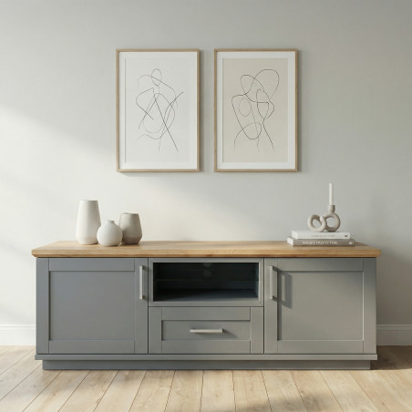 Comoda Tv Cu 2 Usi, 1 Sertar Si 1 Nisa Alpina Graphit Matt, Alb Si Natur, 165 Cm-01