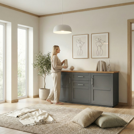 Bufet Cu 3 usi si 1 sertar Dining Alpina Graphit Matt, Gri Si Natur 166 Cm-01