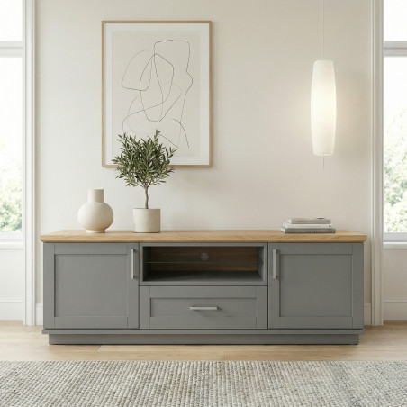 Comoda Tv Cu 2 Usi, 1 Sertar Si 1 Nisa Alpina Graphit Matt , Gri Si Natur, 187.5 Cm-01