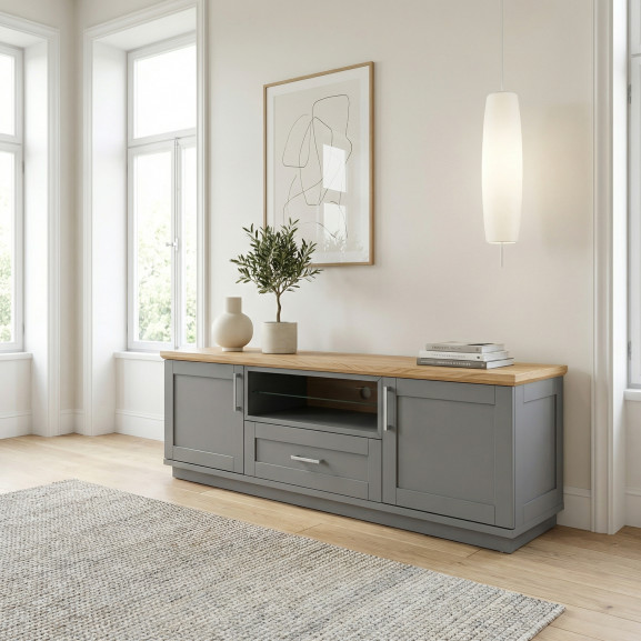 Comoda Tv Cu 2 Usi, 1 Sertar Si 1 Nisa Alpina Graphit Matt , Gri Si Natur, 187.5 Cm