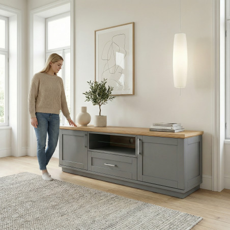 Comoda Tv Cu 2 Usi, 1 Sertar Si 1 Nisa Alpina Graphit Matt , Gri Si Natur, 187.5 Cm-01