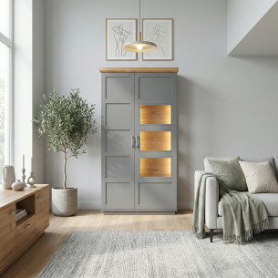 Vitrina Cu 1 Usa Si 1 Sertar Alpina Graphit Matt, Furniruit, Vopsit, Gri Si Natur, 105 Cm