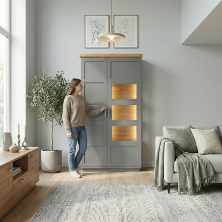 Vitrina Cu 1 Usa Si 1 Sertar Alpina Graphit Matt, Furniruit, Vopsit, Gri Si Natur, 105 Cm-01