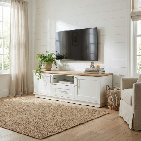 Comoda Tv Alpina Cu 2 Usi, 1 Sertar Si 1 Nisa, Alb Si Natur, 165 Cm-01