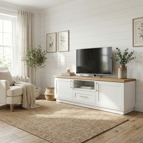 Comoda Tv Alpina Cu 2 Usi, 1 Sertar Si 1 Nisa, Alb Si Natur, 187.5 Cm