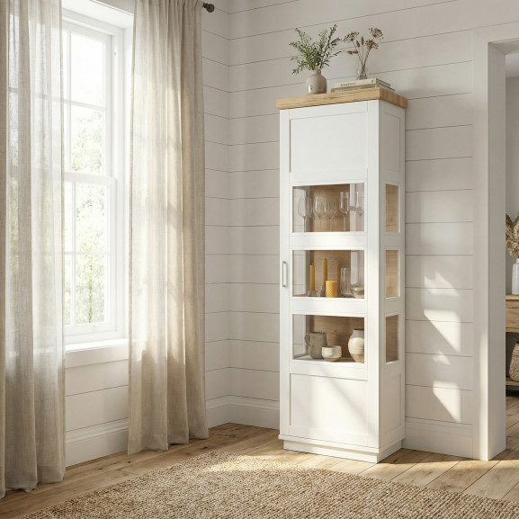 Vitrina Ingusta Alpina Cu 1 Usa, Vopsit Alb, Furniruit, Alb Si Natur, 65 Cm